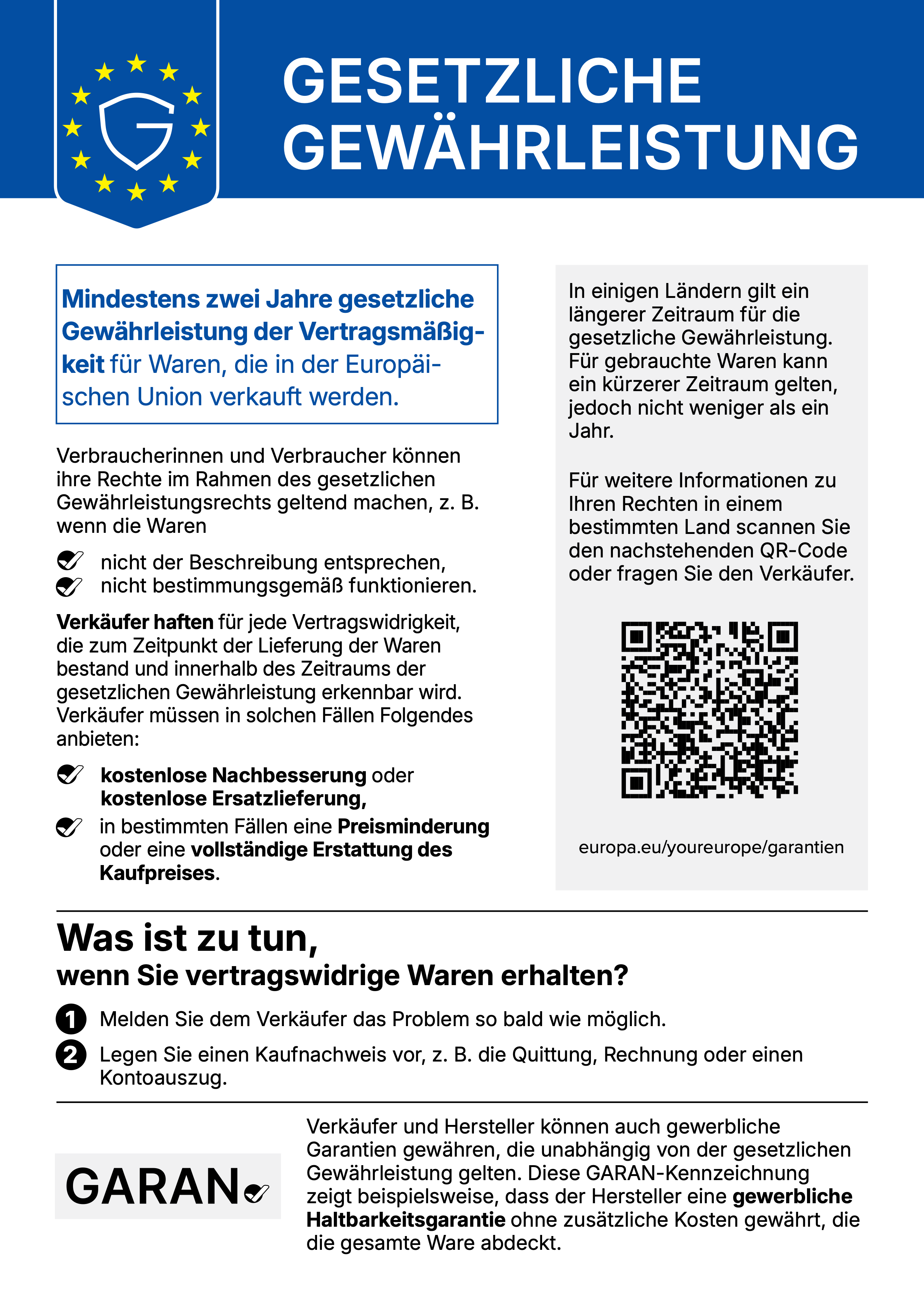 EU-Hinweis zur gesetzlichen Gewährleistung: mindestens zwei Jahre für Waren, Rechte bei vertragswidrigen Waren und Vorgehen bei Mängeln.